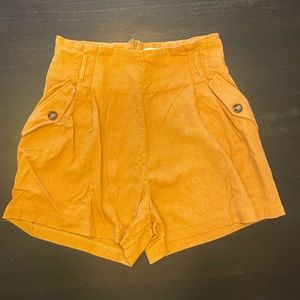 Mustard linen and cotton blend high waisted shorts
